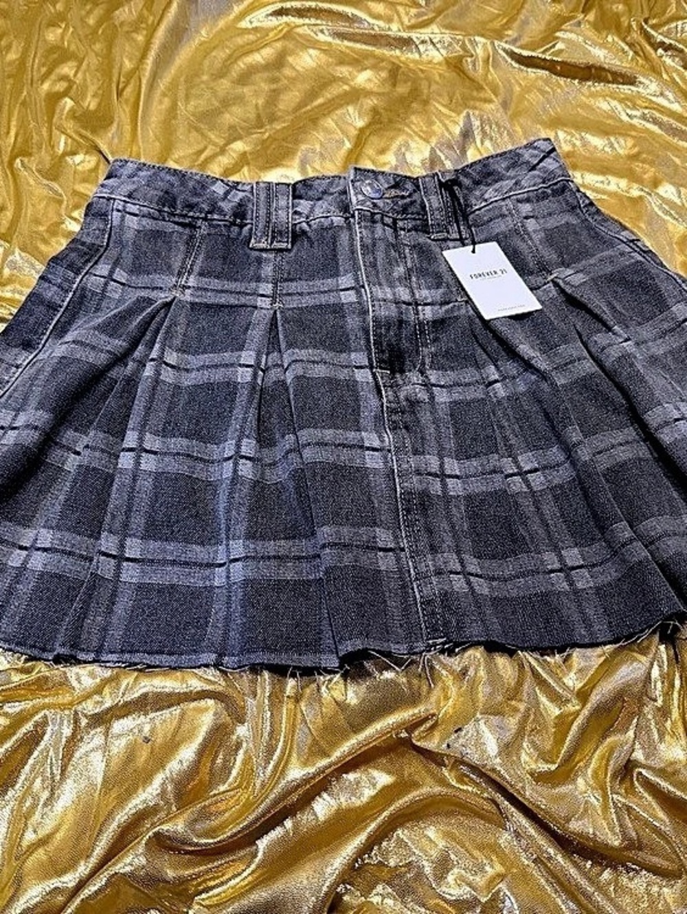 Disney Studios Costume Dept Forever 21 Plaid Denim Pleated Mini Skirt Gray XS